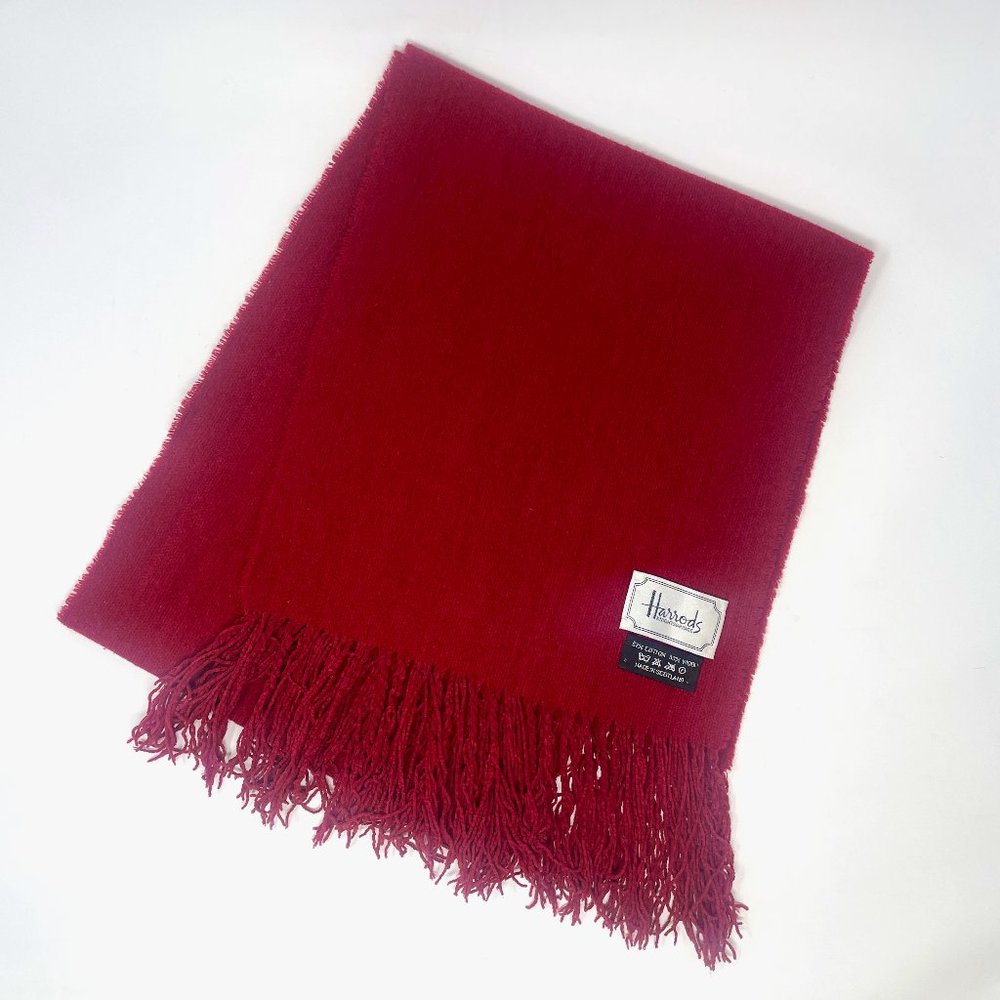 Vtg Harrods London Red Fringed Wool Chenille Scarf 60"